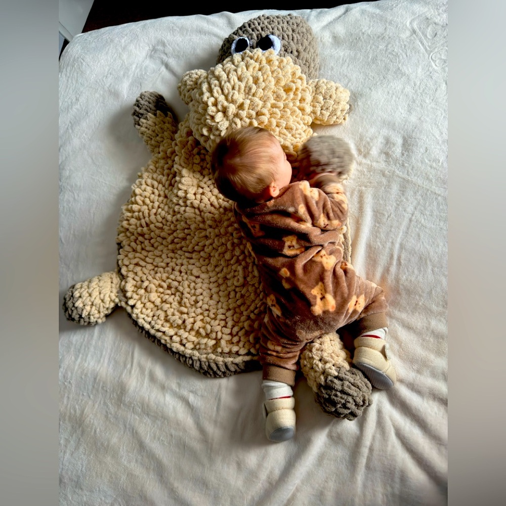 Mr.Sheep rug , handmade, in beige colors , crochet , can be usedd for kids